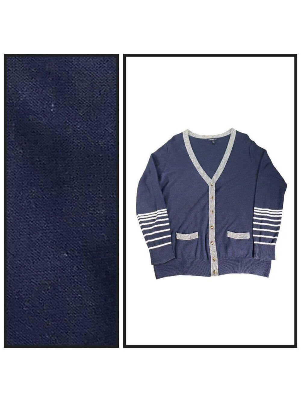 Lands’ End Navy Linen Cotton Nautical Cardigan Sweater Striped Sleeve Size L